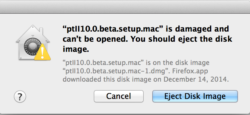 setup is damaged and can't be opened. You should eject the disk image.